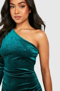 Midi Dresses*boohoo Petite One Shoulder Glitter Velvet Midi Dress emerald