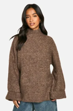 Oversized Jumpers|Jumpers*boohoo Petite Oversized High Neck Knitted Jumper mocha