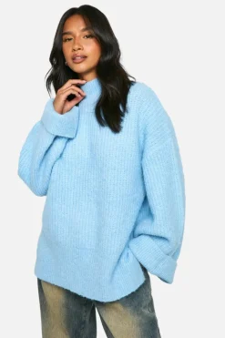 Oversized Jumpers*boohoo Petite Oversized High Neck Knitted Jumper light blue