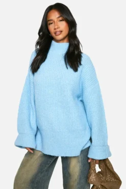 Oversized Jumpers*boohoo Petite Oversized High Neck Knitted Jumper light blue