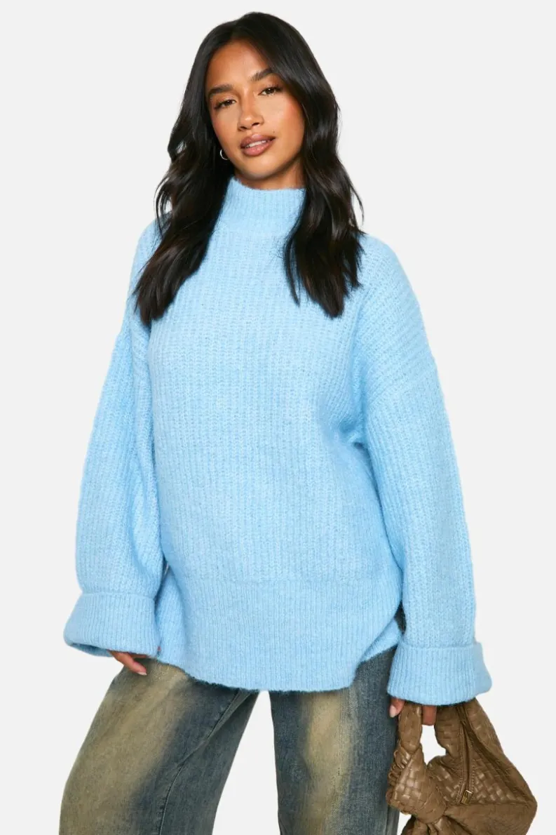 Oversized Jumpers*boohoo Petite Oversized High Neck Knitted Jumper light blue