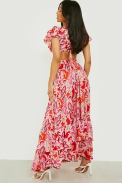 Skater Dresses|Maxi Dresses*boohoo Petite Paisley Ruffle Tie Back Maxi Dress pink