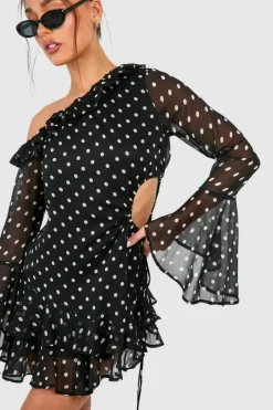 Smock Dresses*boohoo Petite Polka Dot Chiffon Mini Dress black