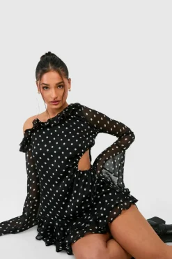 Smock Dresses*boohoo Petite Polka Dot Chiffon Mini Dress black
