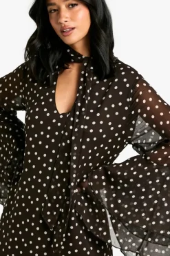 Smock Dresses|Mini Dresses*boohoo Petite Polkadot Flare Sleeve Chiffon Smock Dress chocolate