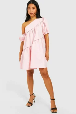 Smock Dresses*boohoo Petite Poplin One Sleeve Mini Dress pink