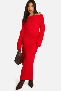 Jumper Dresses|Jumper Dresses*boohoo Petite Premium Oversized Rib Bardot Neckline Soft Knit Jumper Dress red