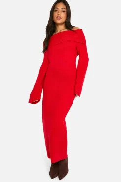 Jumper Dresses|Jumper Dresses*boohoo Petite Premium Oversized Rib Bardot Neckline Soft Knit Jumper Dress red