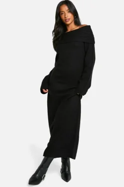 Jumper Dresses|Jumper Dresses*boohoo Petite Premium Oversized Rib Bardot Neckline Soft Knit Jumper Dress black
