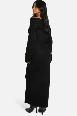 Jumper Dresses|Jumper Dresses*boohoo Petite Premium Oversized Rib Bardot Neckline Soft Knit Jumper Dress black