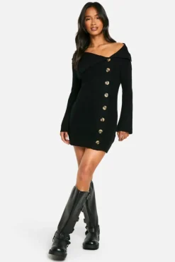 Jumper Dresses|Jumper Dresses*boohoo Petite Premium Rib Knit Foldover Detail Button Down Mini Dress black