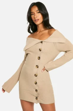 Jumper Dresses|Jumper Dresses*boohoo Petite Premium Rib Knit Foldover Detail Button Down Mini Dress oatmeal