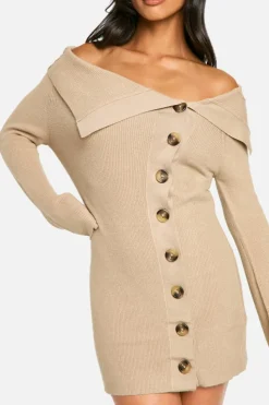 Jumper Dresses|Jumper Dresses*boohoo Petite Premium Rib Knit Foldover Detail Button Down Mini Dress oatmeal