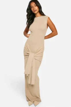 Jumper Dresses|Jumper Dresses*boohoo Petite Premium Rib Knit Tie Waist Detail Maxi Dress oatmeal