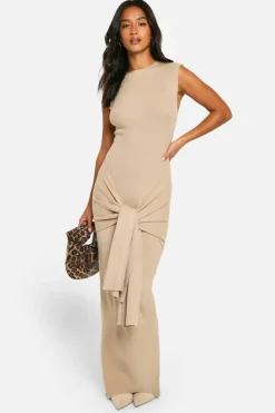 Jumper Dresses|Jumper Dresses*boohoo Petite Premium Rib Knit Tie Waist Detail Maxi Dress oatmeal