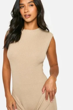 Jumper Dresses|Jumper Dresses*boohoo Petite Premium Rib Knit Tie Waist Detail Maxi Dress oatmeal