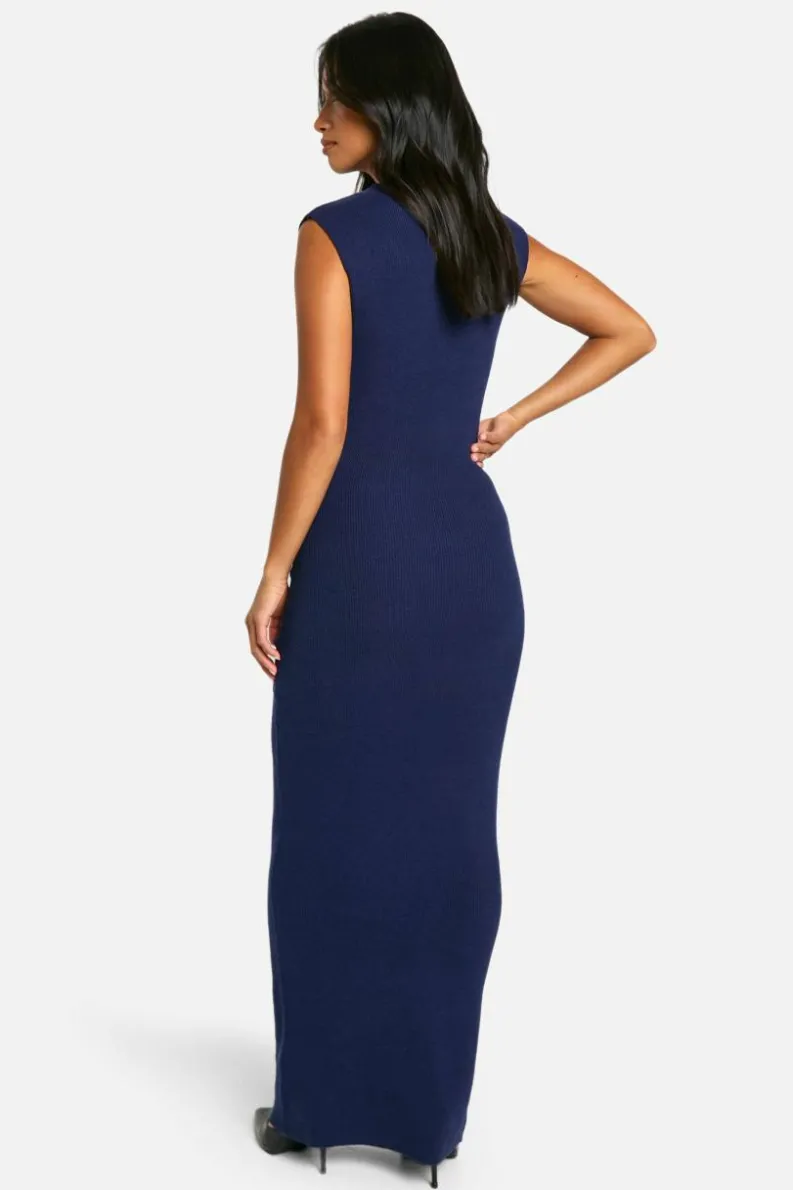 Maxi Dresses|Jumper Dresses*boohoo Petite Premium Rib Knit Tie Waist Detail Maxi Dress navy