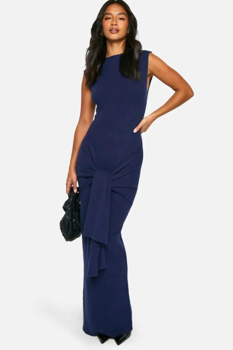 Maxi Dresses|Jumper Dresses*boohoo Petite Premium Rib Knit Tie Waist Detail Maxi Dress navy