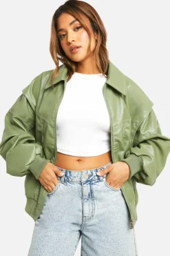 Up To 80% Off Winter Warmers|Bomber Jackets*boohoo Petite Pu Contrast Stitch Oversized Bomber Jacket olive