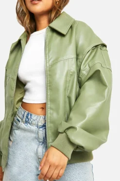Up To 80% Off Winter Warmers|Bomber Jackets*boohoo Petite Pu Contrast Stitch Oversized Bomber Jacket olive