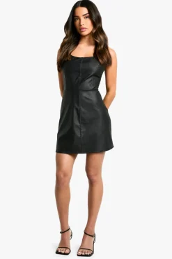 A Line Dresses*boohoo Petite PU Scoop Neck Mini Dress black