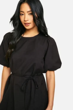 Smock Dresses*boohoo Petite Puff Sleeve Tie Waist Linen Look Smock Dress black