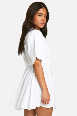 Smock Dresses*boohoo Petite Puff Sleeve Tie Waist Linen Look Smock Dress white