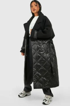 Up To 80% Off Winter Warmers|Long Coats*boohoo Petite Quilted Wool Look Padded Trench Coat black
