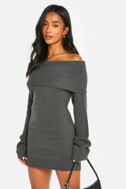 Jumper Dresses|Jumper Dresses*boohoo Petite Rib Bardot Neckline Mini Jumper Dress charcoal