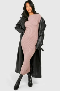 Jumper Dresses|Jumper Dresses*boohoo Petite Rib Knit Asymmetric Button Detail Midaxi Dress mocha