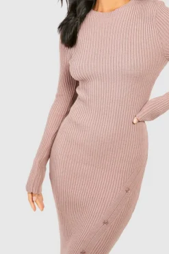 Jumper Dresses|Jumper Dresses*boohoo Petite Rib Knit Asymmetric Button Detail Midaxi Dress mocha