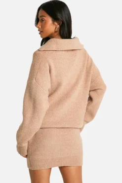 Up To 80% Off Winter Warmers|Knitwear*boohoo Petite Rib Knit Half Zip Jumper And Mini Skirt Co Ord sand