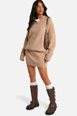 Up To 80% Off Winter Warmers|Knitwear*boohoo Petite Rib Knit Half Zip Jumper And Mini Skirt Co Ord sand