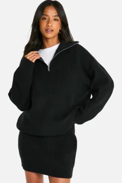 Up To 80% Off Winter Warmers|Knitwear*boohoo Petite Rib Knit Half Zip Jumper And Mini Skirt Co Ord black