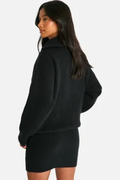 Up To 80% Off Winter Warmers|Knitwear*boohoo Petite Rib Knit Half Zip Jumper And Mini Skirt Co Ord black