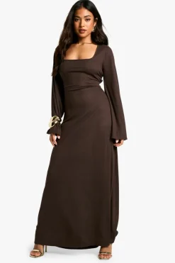Maxi Dresses*boohoo Petite Rib Lace Up Flare Sleeve Maxi Dress chocolate