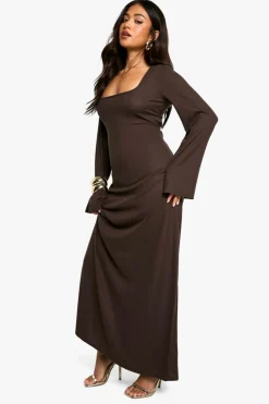 Maxi Dresses*boohoo Petite Rib Lace Up Flare Sleeve Maxi Dress chocolate