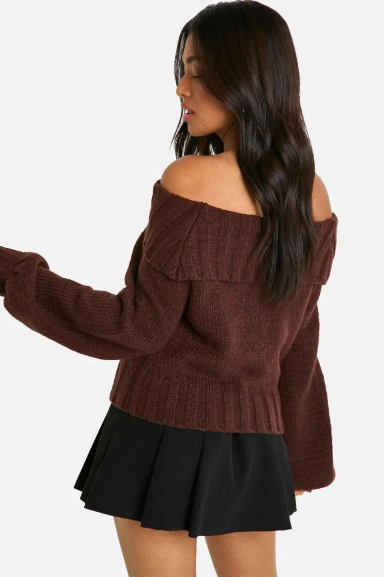 Jumpers|Knitwear*boohoo Petite Ribbed Bardot Balloon Sleeve Knitted Jumper chocolate