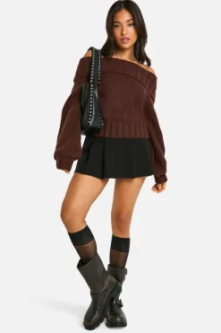 Jumpers|Knitwear*boohoo Petite Ribbed Bardot Balloon Sleeve Knitted Jumper chocolate
