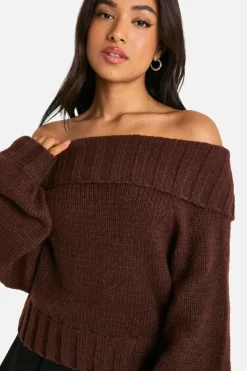 Jumpers|Knitwear*boohoo Petite Ribbed Bardot Balloon Sleeve Knitted Jumper chocolate