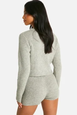 Cardigans*boohoo Petite Ribbed Cropped Cardigan And Micro Short Co Ord grey