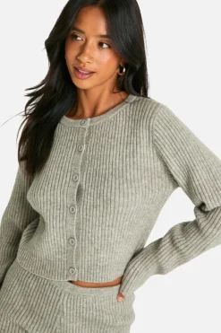 Cardigans*boohoo Petite Ribbed Cropped Cardigan And Micro Short Co Ord grey