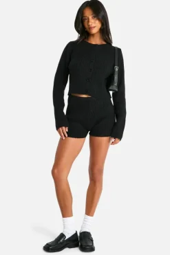 Cardigans|Co-Ord Sets*boohoo Petite Ribbed Cropped Cardigan And Micro Short Co Ord black