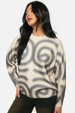 Oversized Jumpers|Jumpers*boohoo Petite Ribbed Swirl Print Oversized Knitted Jumper cream