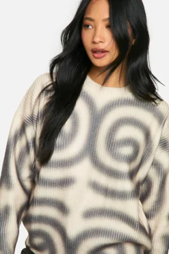 Oversized Jumpers|Jumpers*boohoo Petite Ribbed Swirl Print Oversized Knitted Jumper cream