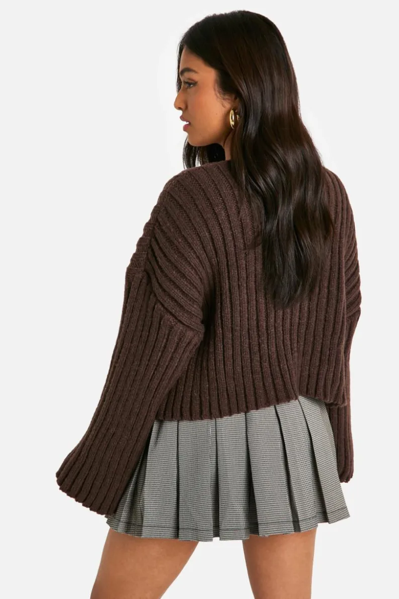 Jumpers|Jumpers & Cardigans*boohoo Petite Ribbed V Neck Cropped Knitted Jumper chocolate