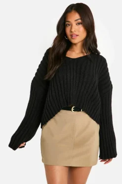 Jumpers|Jumpers & Cardigans*boohoo Petite Ribbed V Neck Cropped Knitted Jumper black