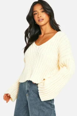 Jumpers|Jumpers & Cardigans*boohoo Petite Ribbed V Neck Cropped Knitted Jumper ivory