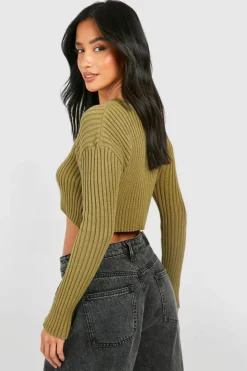 Cardigans*boohoo Petite Ribbed Zip Through Cropped Cardigan khaki