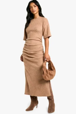 Maxi Dresses*boohoo Petite Ruched Soft Rib Maxi Dress camel